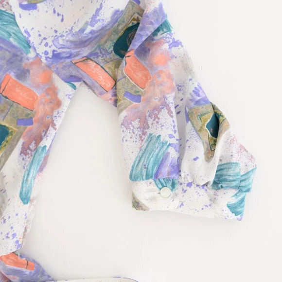 Vintage 90's Leslie Belle White  w Watercolor Abstract Splash Belt Midi Dress 12 - Picture 9 of 15